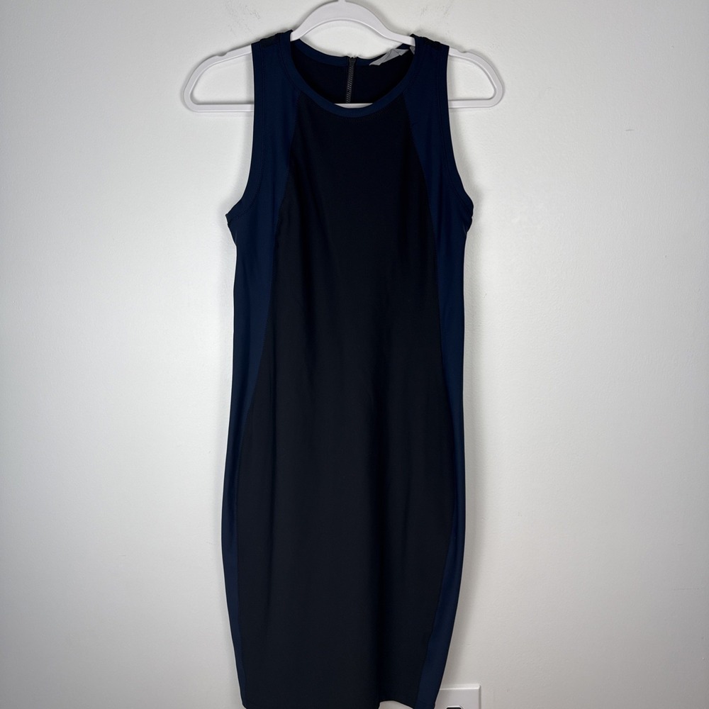 Athleta Stellar En Route Sleeveless Black Blue Colorblock Dress Size S Bodycon